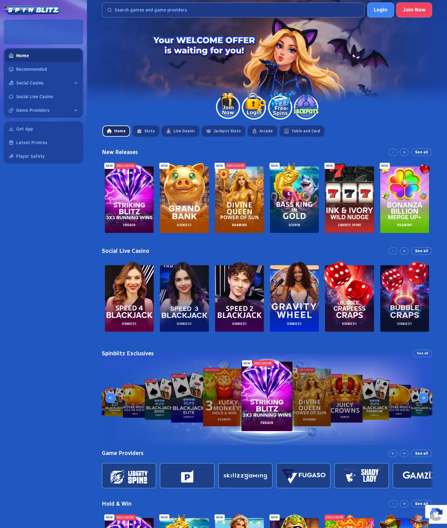 Screenshot of the SpinBlitz website