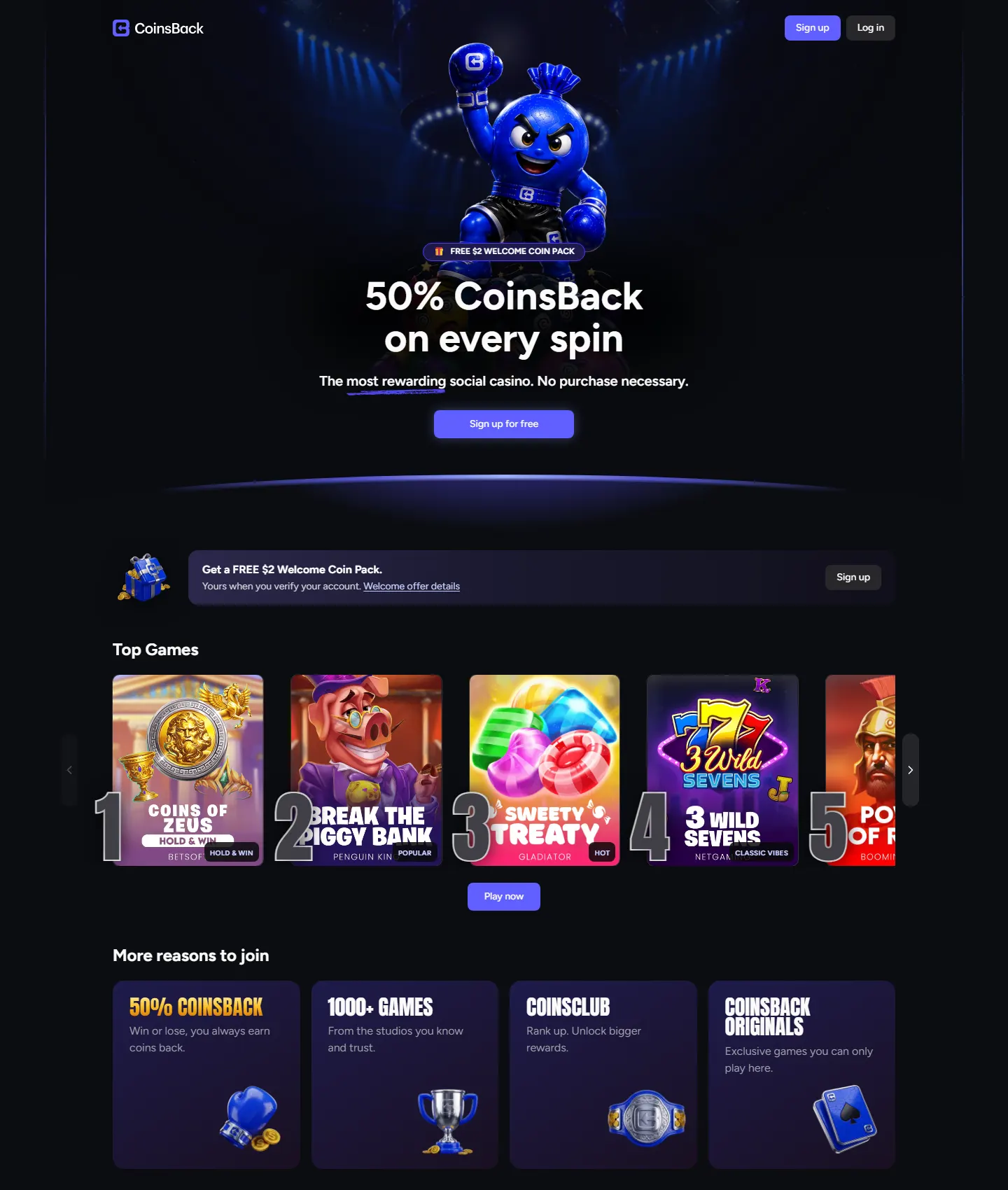 Screenshot of the CoinsBack Casino website