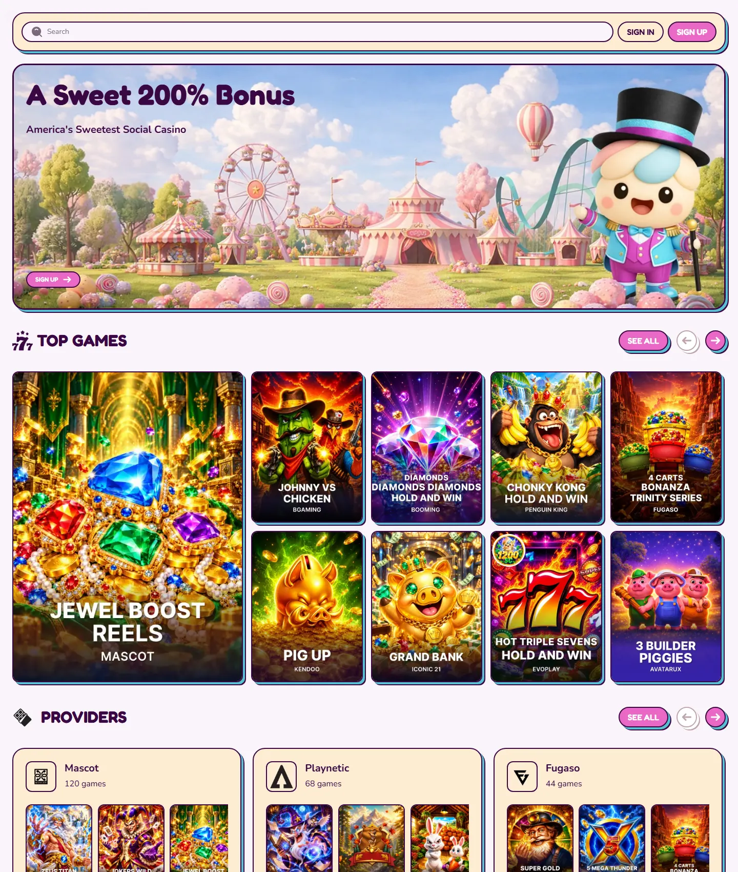 Screenshot of the Sweet Sweeps website